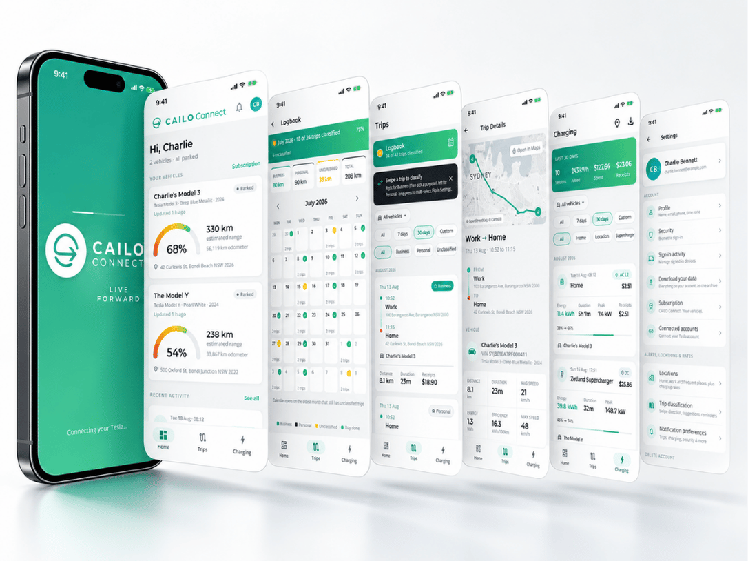 CAILO Connect app for Tesla drivers showing logbook, trips, and charging history