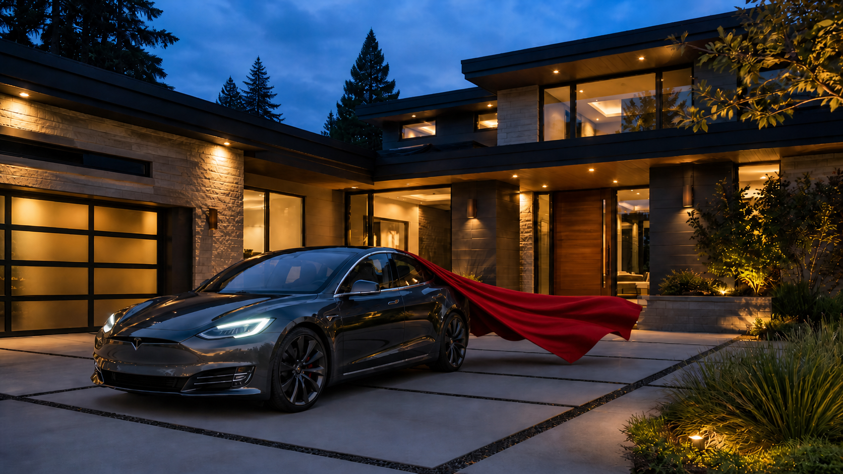 Illustration of a Tesla as a smart home superpower, connected to Home Assistant via CAILO real-time integration